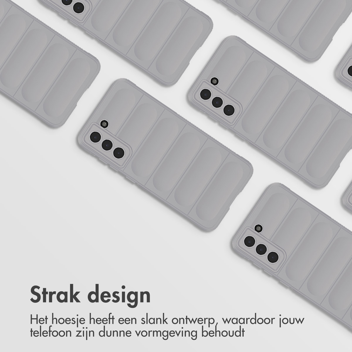Grijze telefoonhoesjes in rijen op een wit oppervlak. Hoesjes hebben een geribbeld ontwerp.