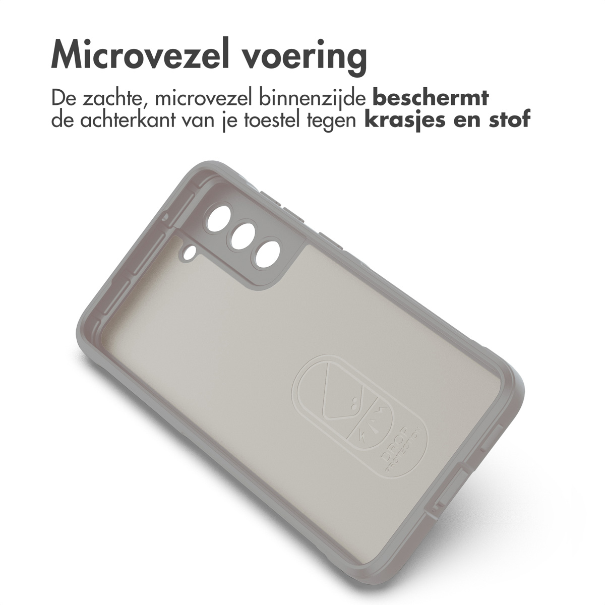 Grijs telefoonhoesje interieur en een witte achtergrond. Tekst zegt 'Microvezelvoering'.