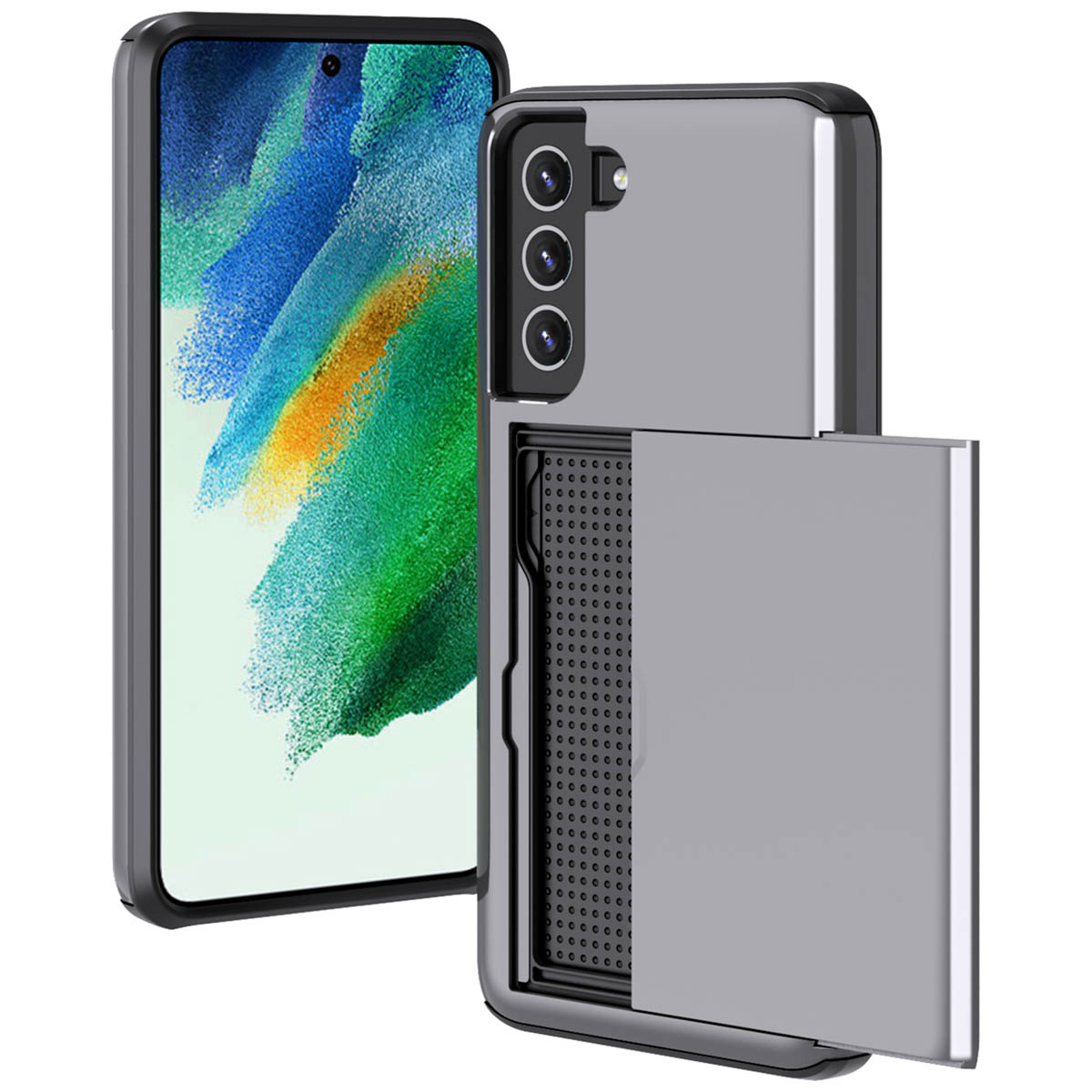 Grijze telefoonhoes met een open gedeelte, waar de telefoon in te zien is. Witte achtergrond.