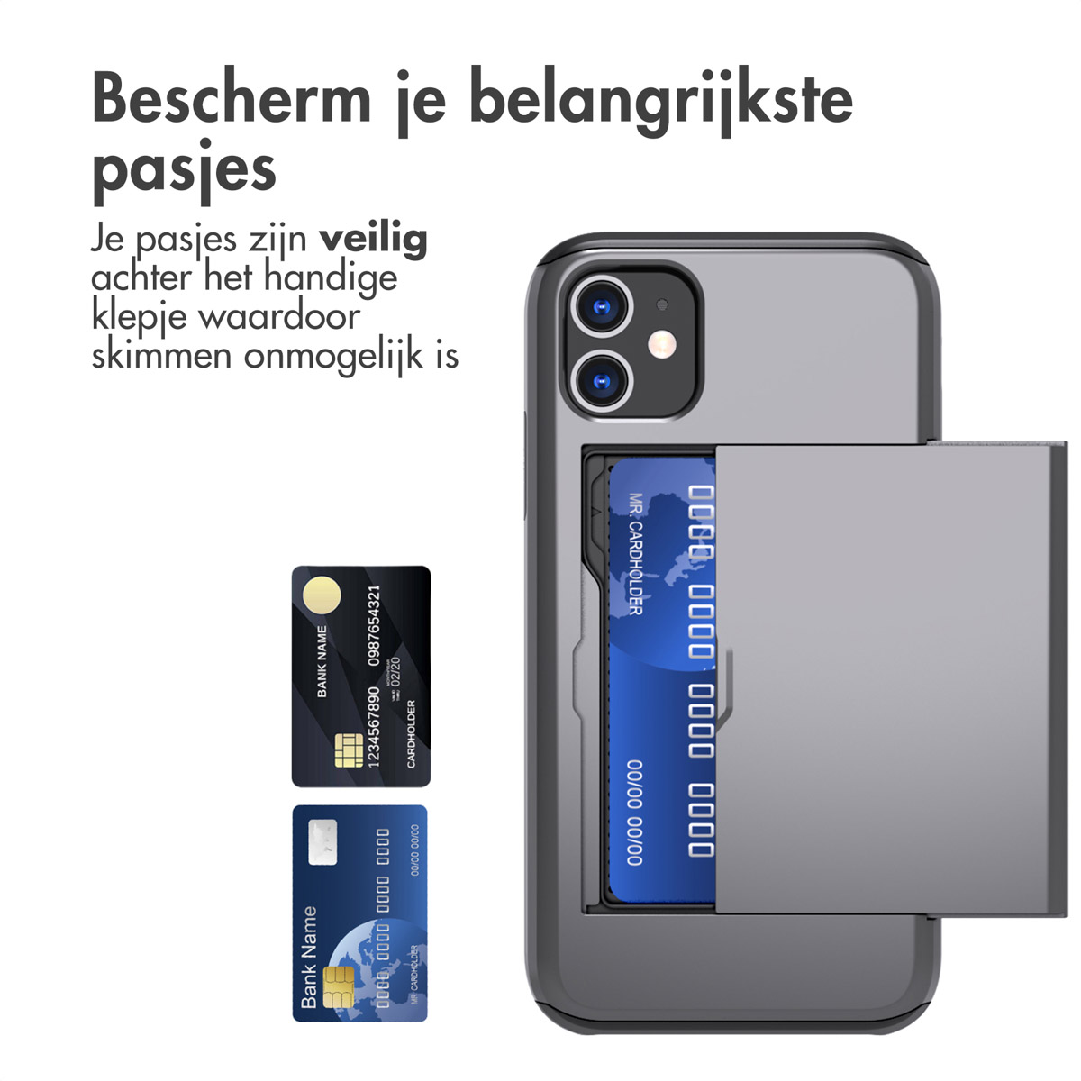 Grijze telefoonhoes met kaarthouder. Twee kaarten zichtbaar. Een met banknaam en details.