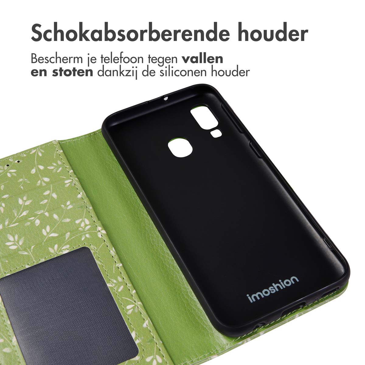 Een zwarte telefoonhoes met een groen patroon.