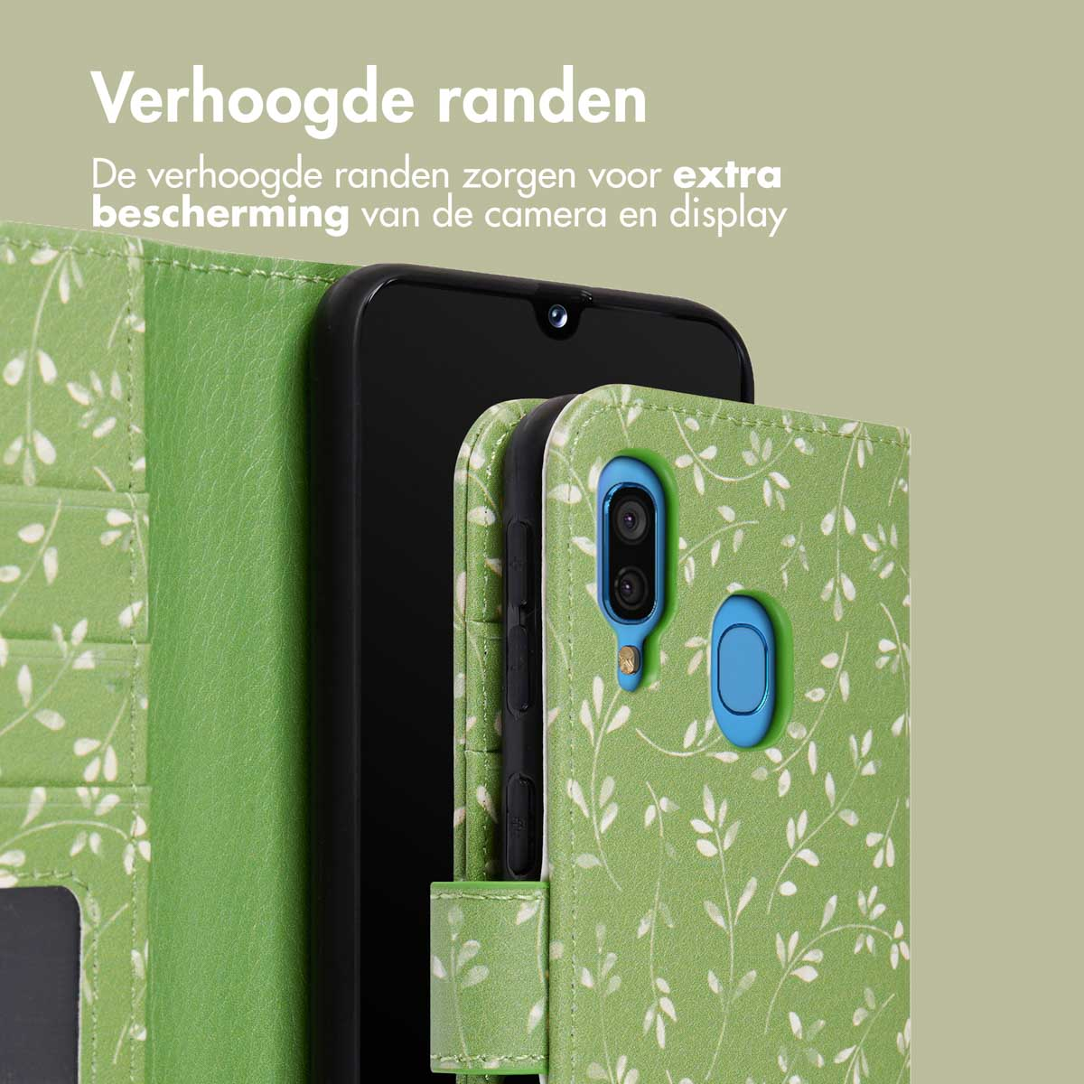 Groene telefoonhoes met bladerenpatroon, met verhoogde randen voor camera- en displaybescherming.