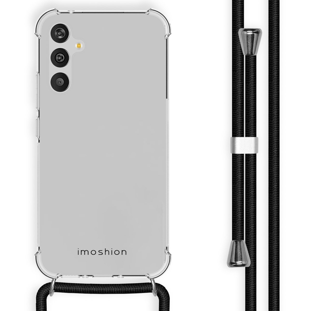 Coque de téléphone transparente avec cordon noir et ferrures argentées.