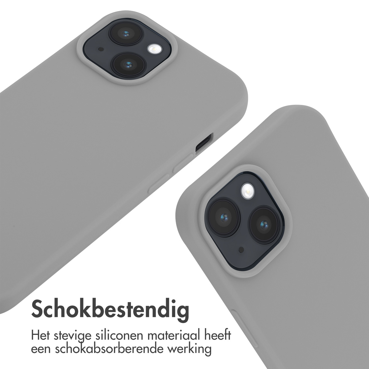 Zwei graue Handyhüllen mit Kameraaussparung auf weißem Hintergrund.