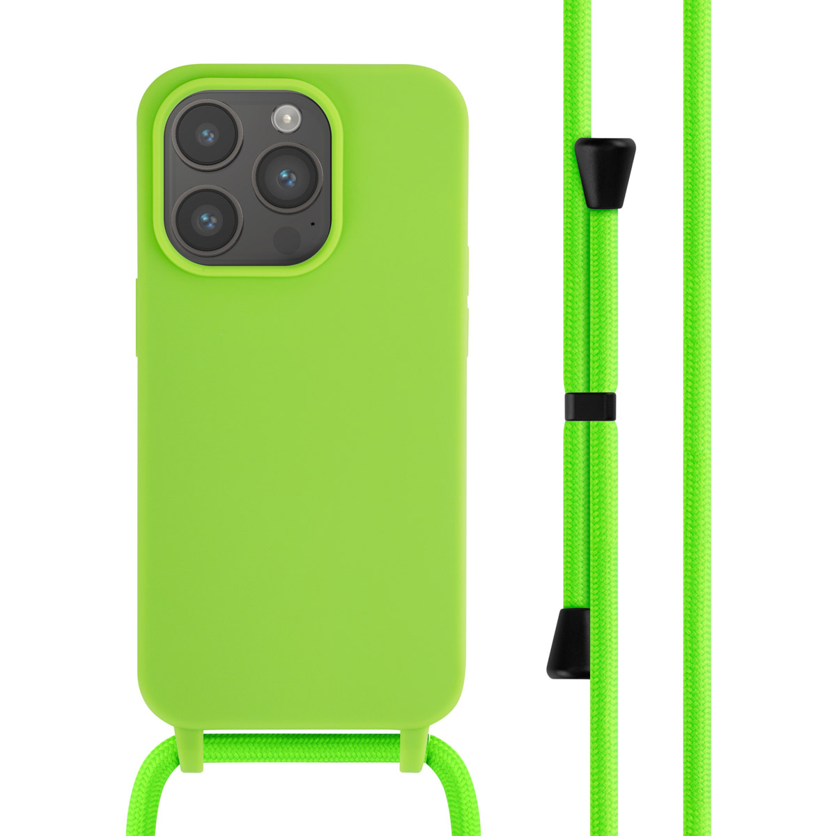 Groene telefoonhoes met koord. Groen koord, zwarte bevestigingen, witte achtergrond.