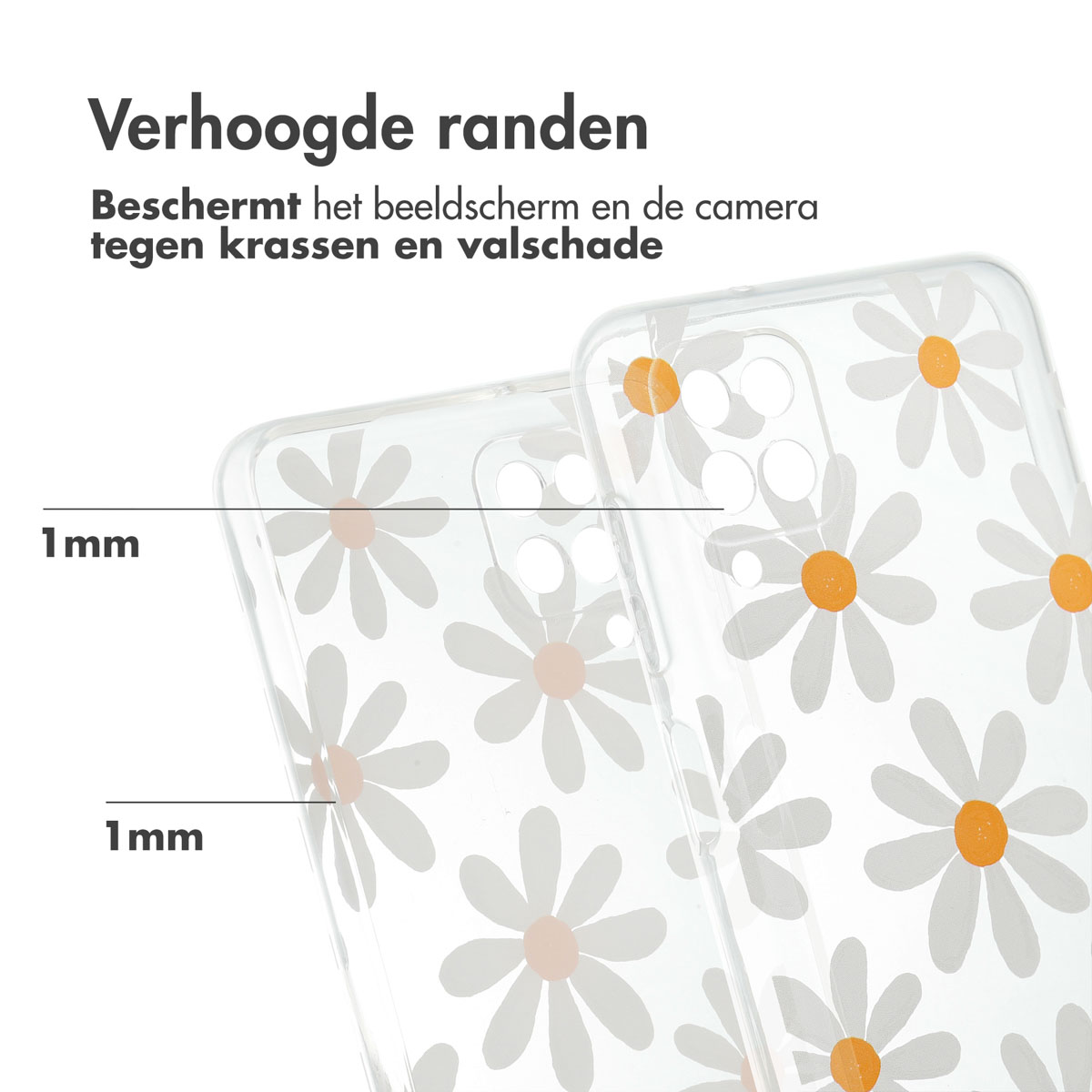 Transparante telefoonhoesjes met madeliefontwerp. Tekst: beschermt scherm en camera tegen krassen.