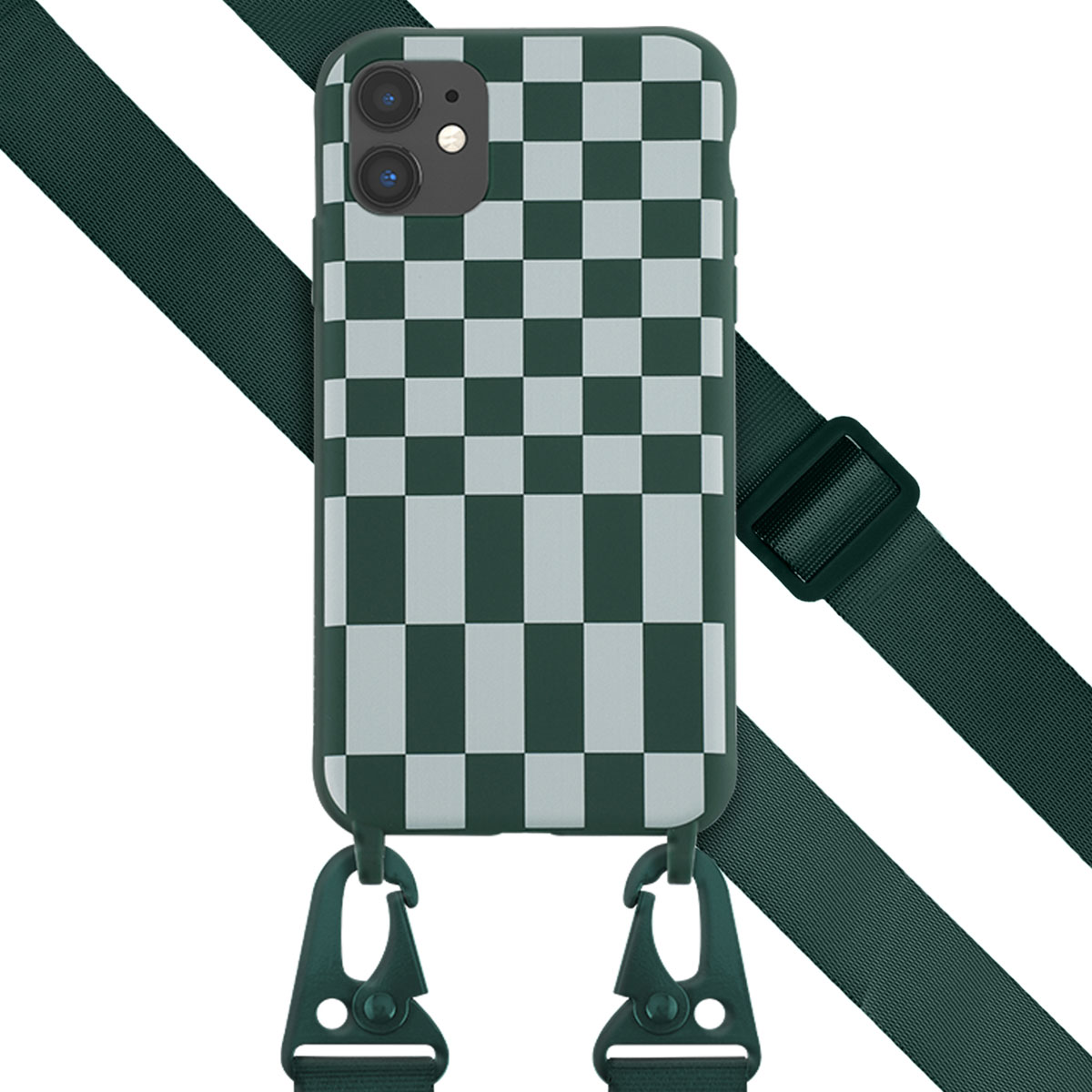Coque de téléphone à carreaux verts et blancs avec une sangle et des clips verts.