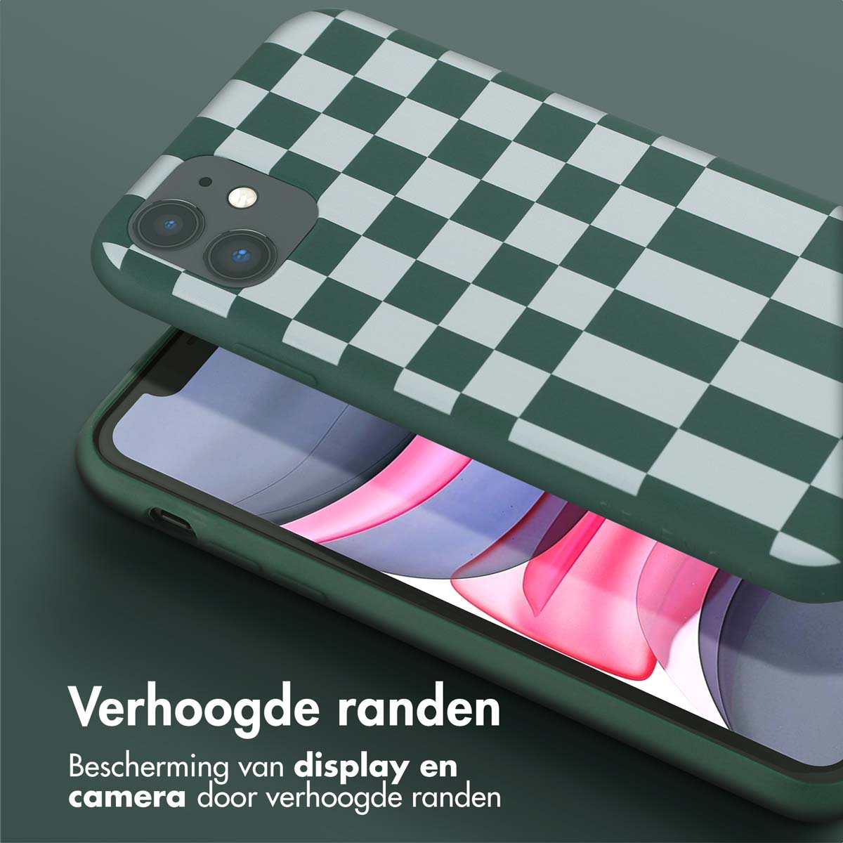 Coque à carreaux verts et blancs sur un téléphone, et une description du produit.