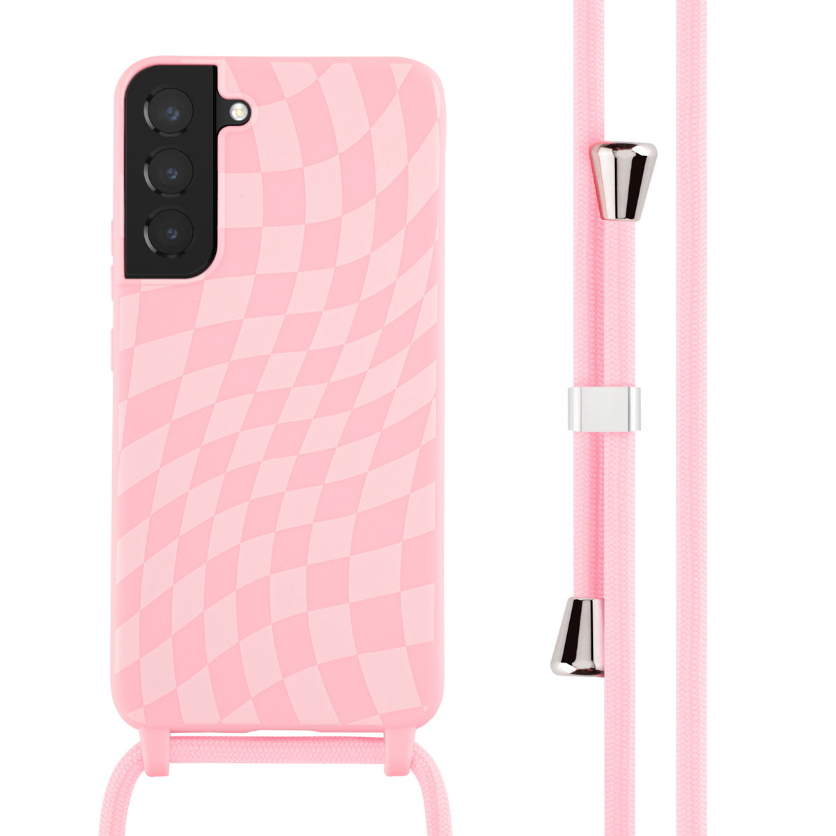 Coque de téléphone rose à motif quadrillé, assortie d'un cordon rose et d'accents argentés, isolée sur fond blanc.