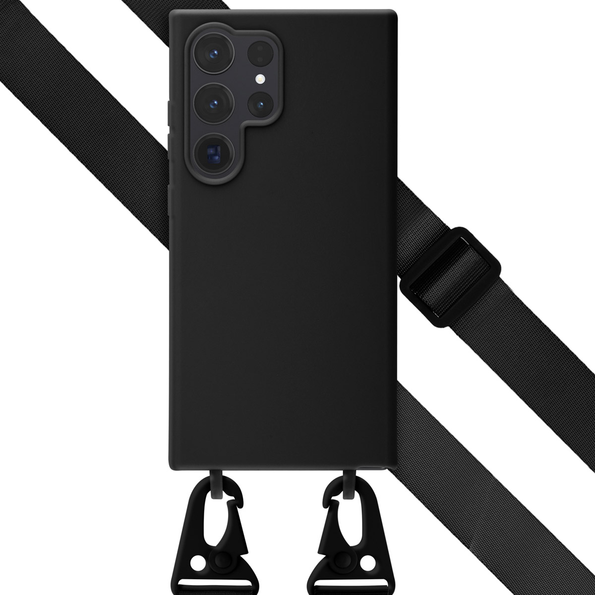 Coque de téléphone noire avec sangle et clips noirs. La coque est au centre.