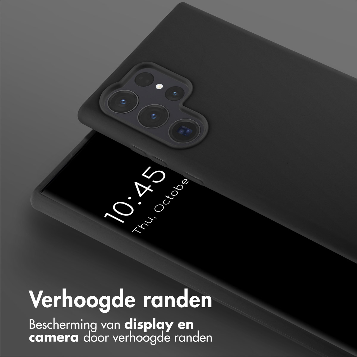 Coque de téléphone noire avec un téléphone à l'intérieur, affichant l'heure. Texte: Bords surélevés.