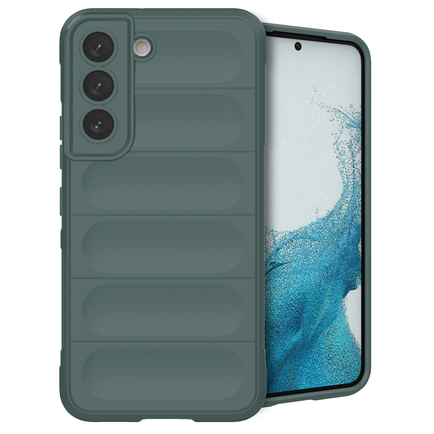 Een telefoon in een tealgekleurde hoes. Het heeft een geribbelde textuur en beschermt de telefoon.