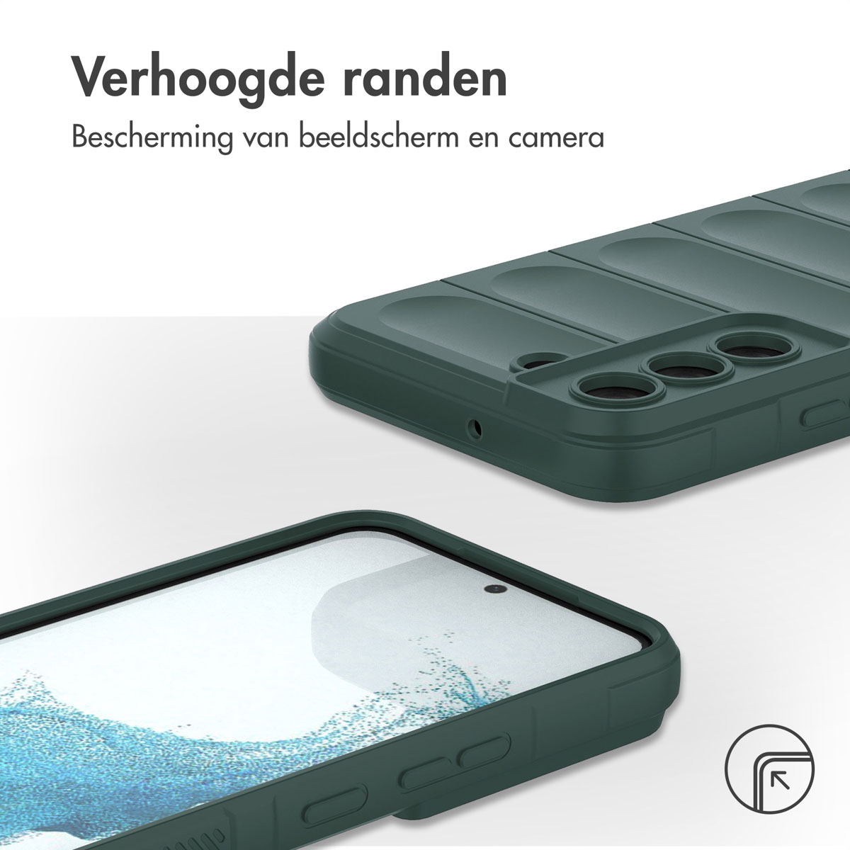 Groene telefoonhoes met verhoogde randen, toont scherm en camera.