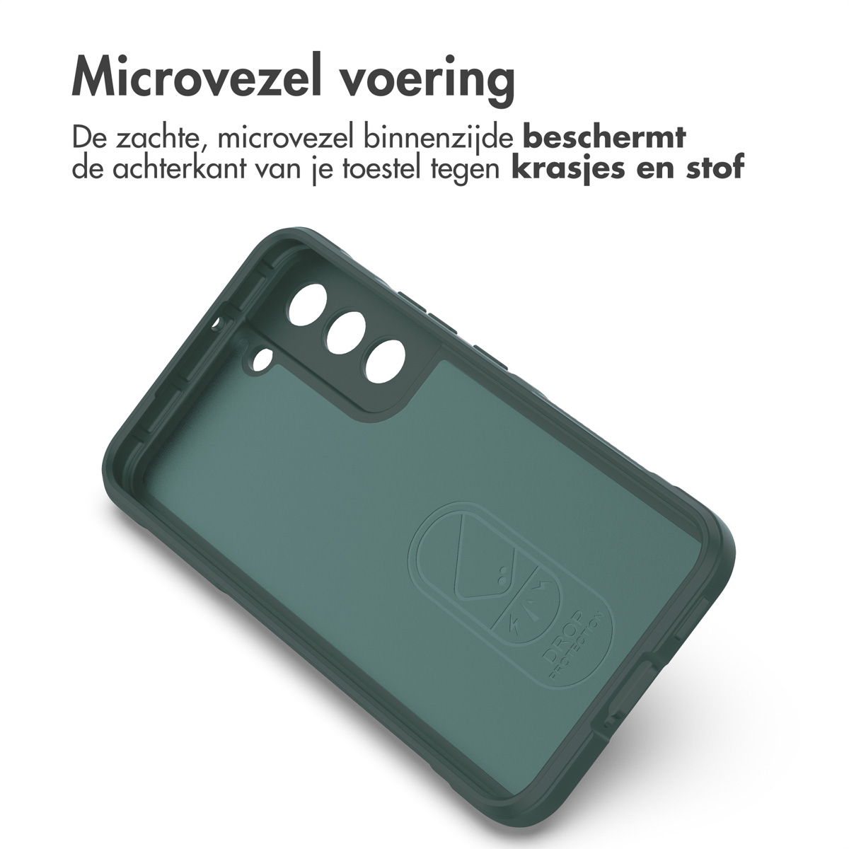 Groene telefoonhoes met microvezel voering en 'Drop Protection' logo.