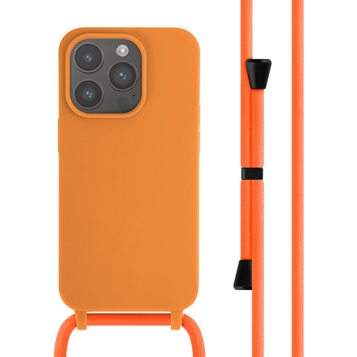 Oranje telefoonhoesje met oranje riem. De telefoonhoes staat in het midden.