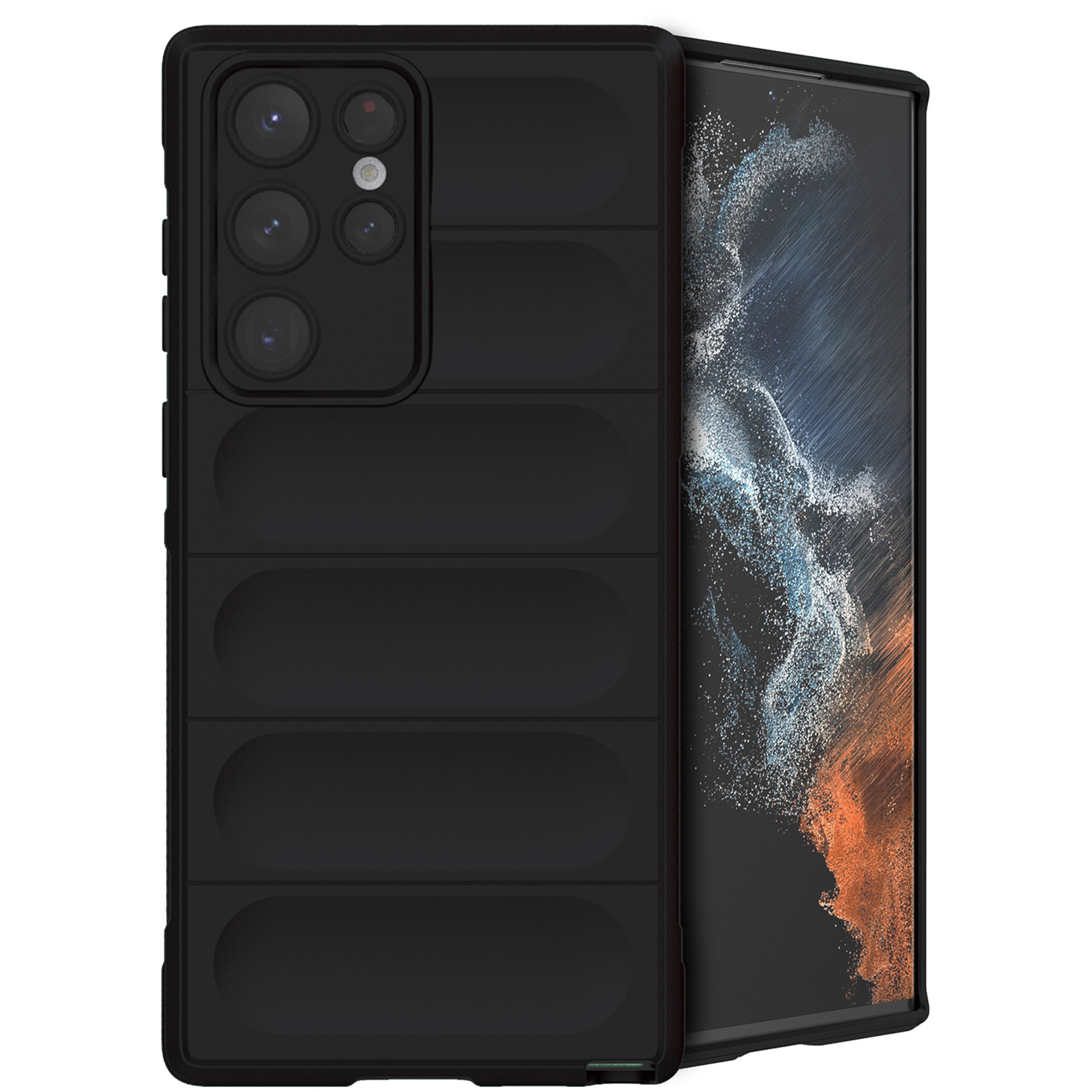Zwarte telefoonhoes met textuur. Telefoonscherm zichtbaar.