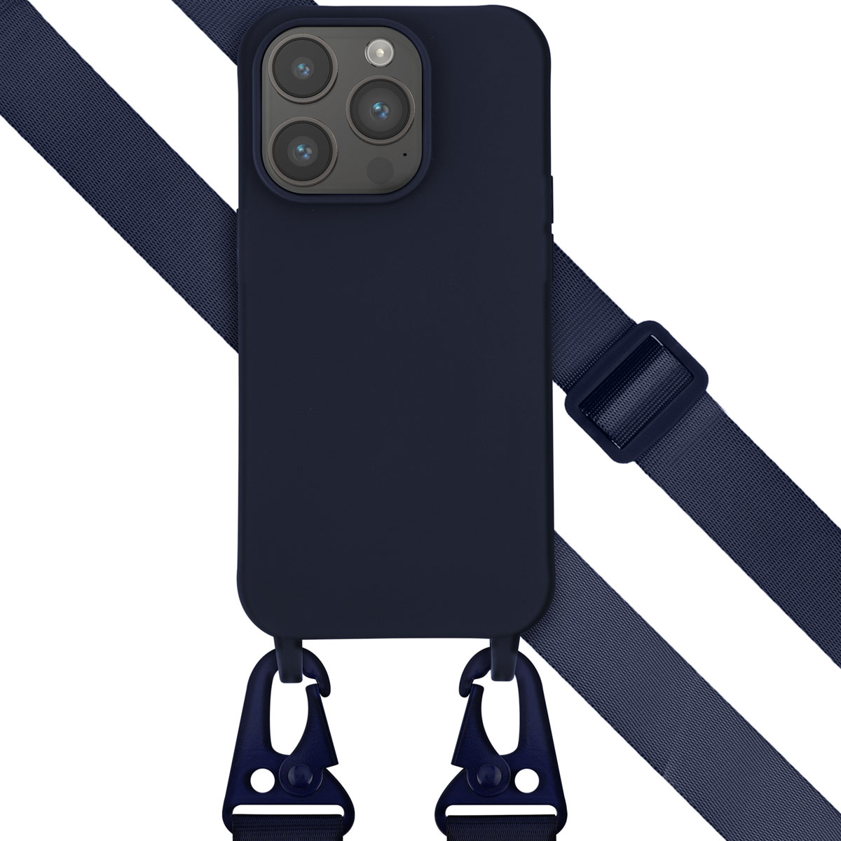 Donkerblauwe telefoonhoes met een donkerblauwe band en karabijnhaakclips.