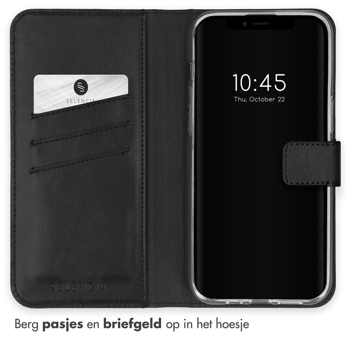 Black phone case with card slots and a smartphone showing 10:45. Includes Selencia branding.