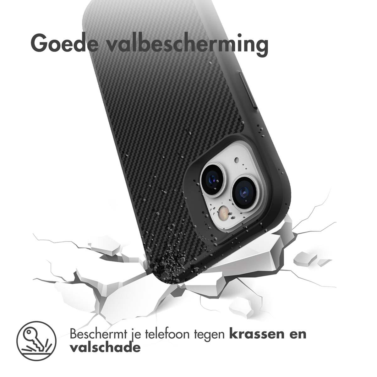 A black phone case is on a cracked surface. The case shows the phone is protected.