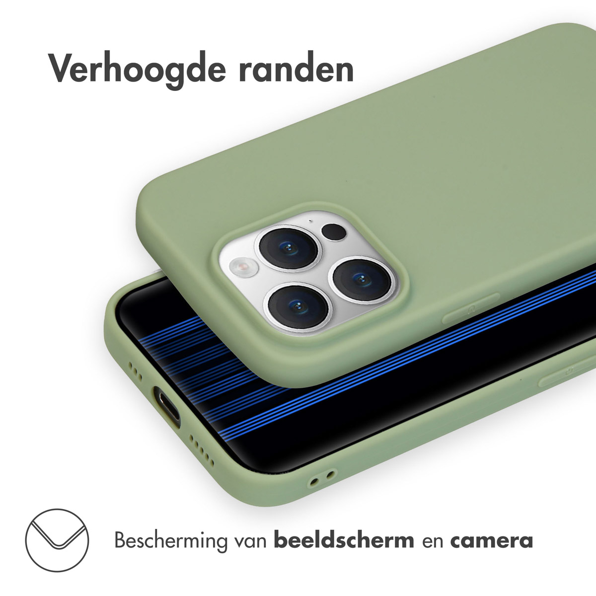 Groene telefoonhoes met verhoogde randen beschermt scherm en camera.