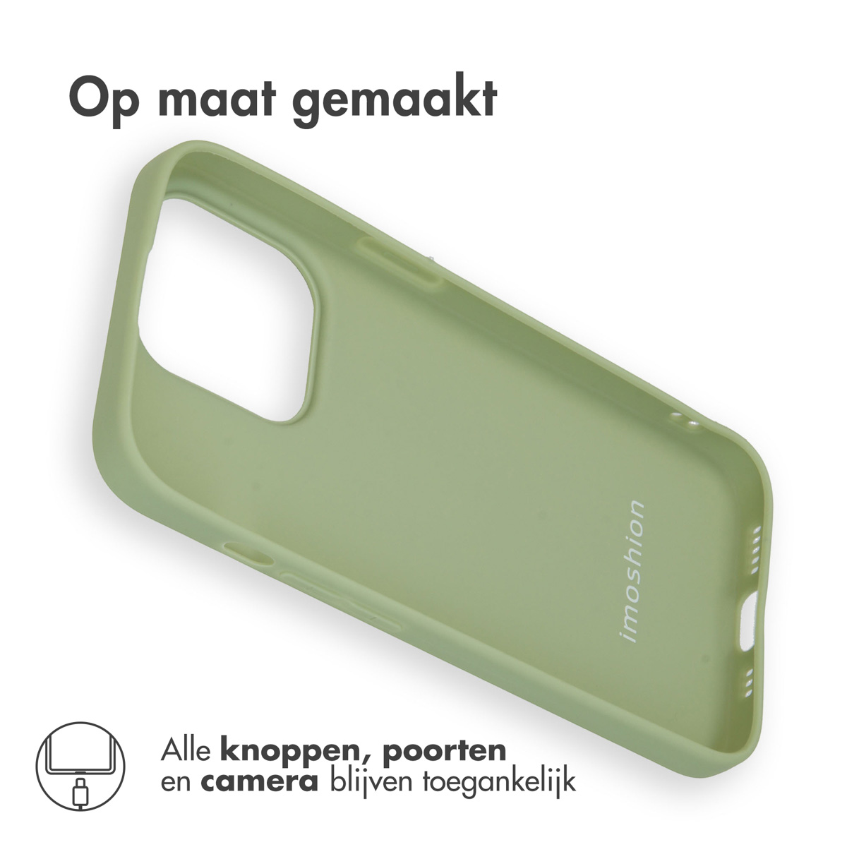 Een lichtgroene telefoonhoes met het 'imoshion'-logo aan de binnenkant.