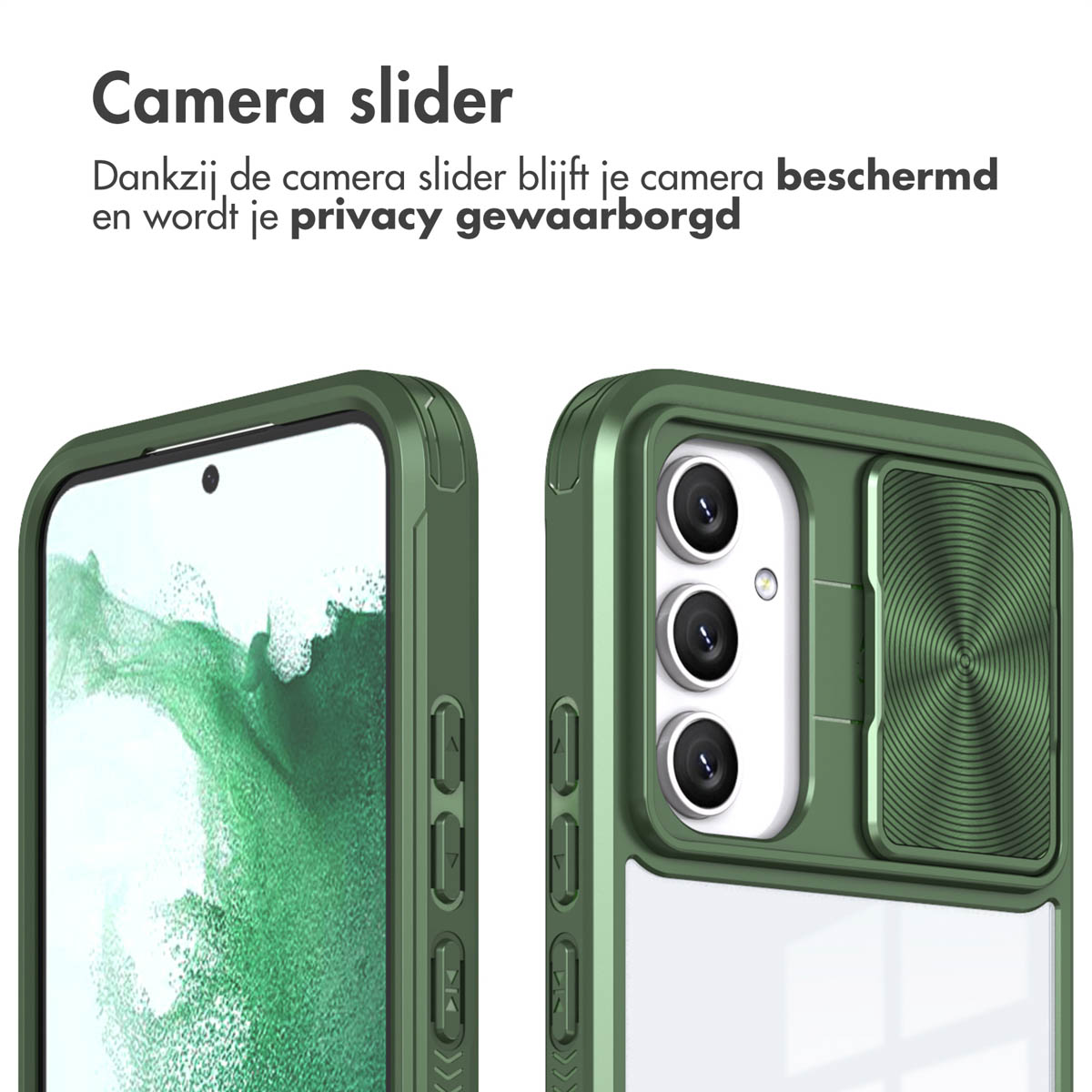 Groene telefoonhoes met schuifdeksel voor camera.