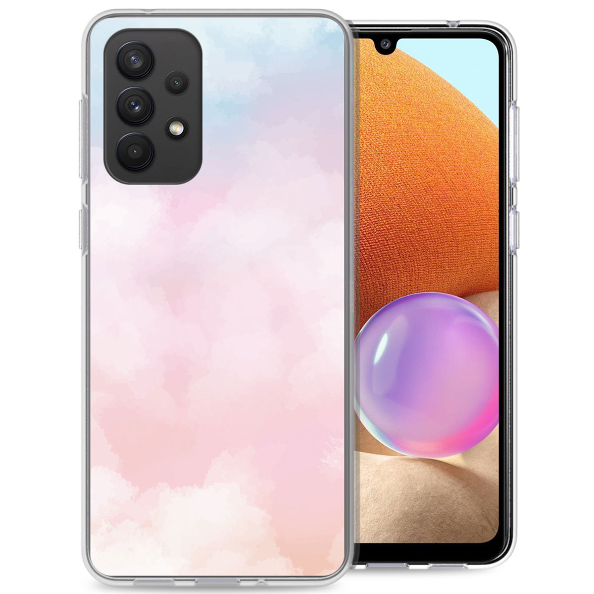 Coque de téléphone avec un motif aquarelle rose et bleu. Téléphone sur fond blanc.