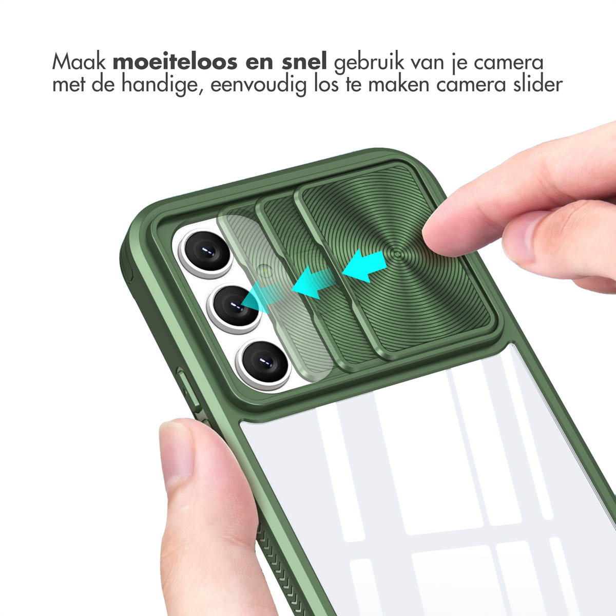Hand gebruikt cameraschuif op groen telefoonhoesje. Tekst: Gebruik de camera gemakkelijk.