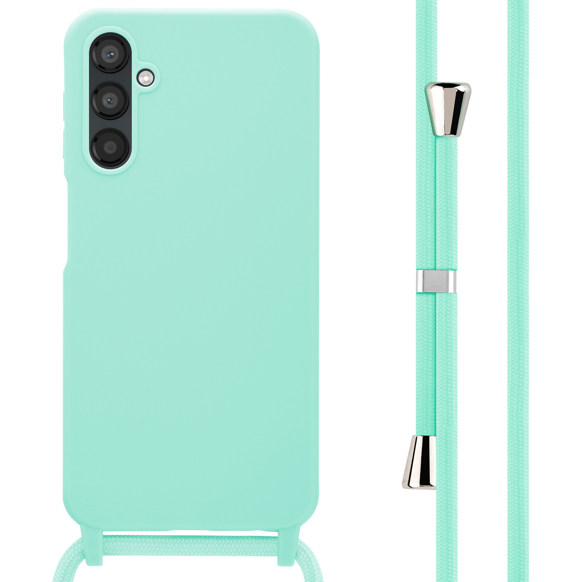 Coque vert menthe avec cordon assorti et une description du produit.