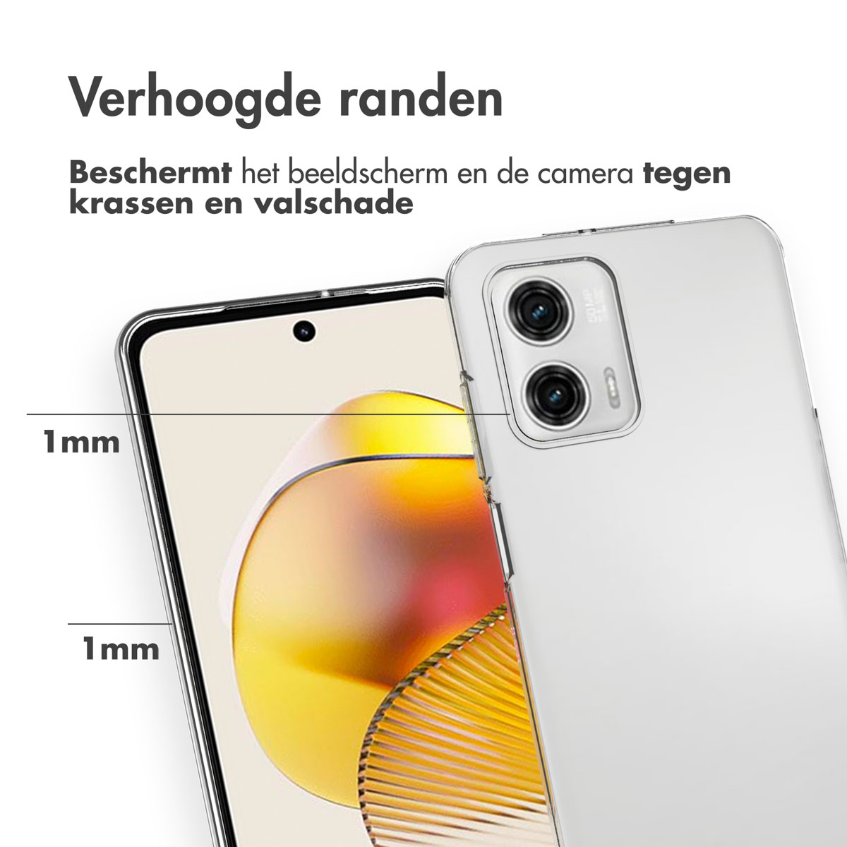 Gros plan sur un écran de téléphone et un étui. L'étui présente des bords surélevés, protégeant l'écran des rayures.