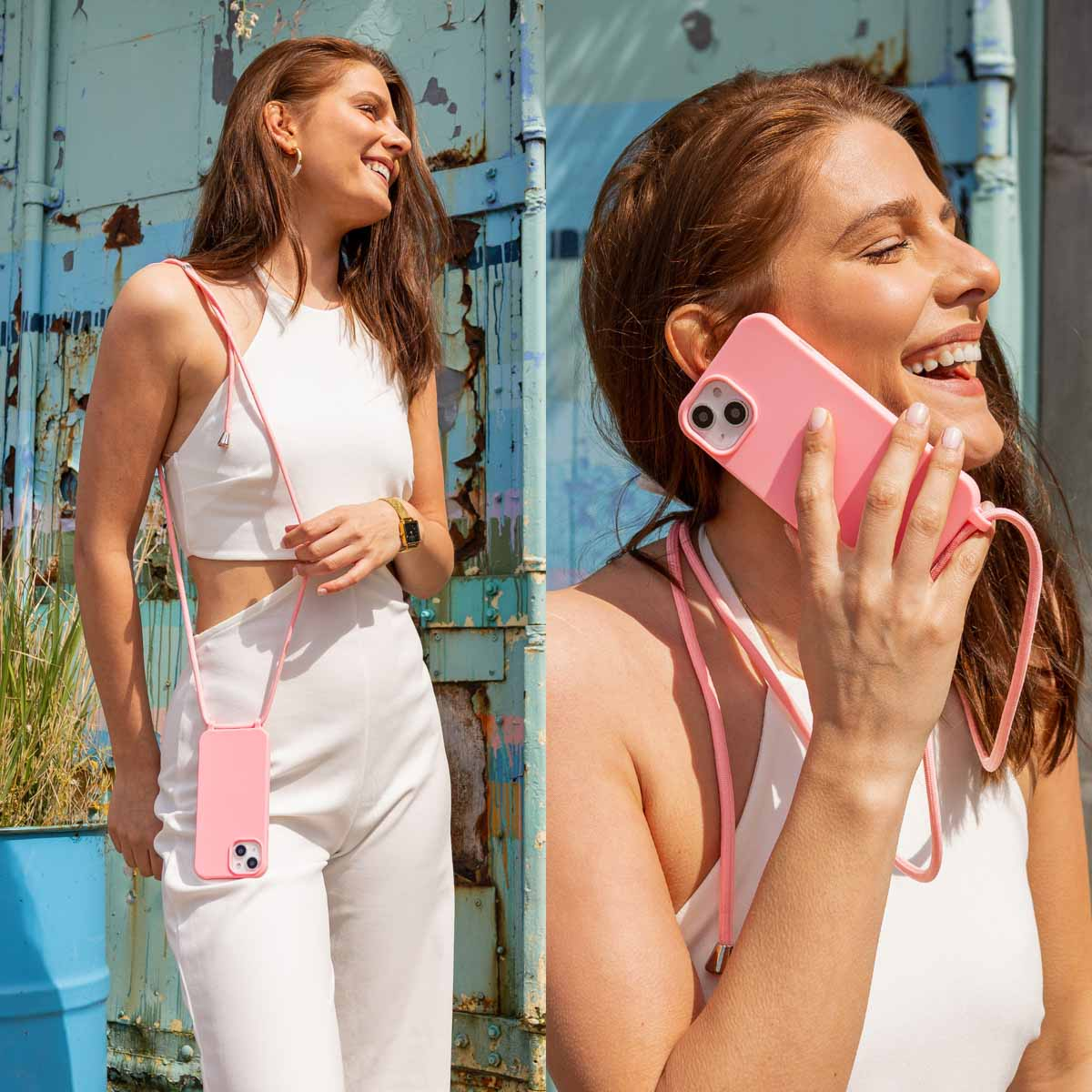 Vrouw met roze telefoonhoesje en koord, gekleed in wit, staat bij blauwe muur.