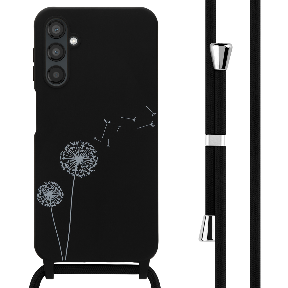 Coque de téléphone noire avec motif de pissenlit. Lanière noire, attaches argentées, fond blanc.