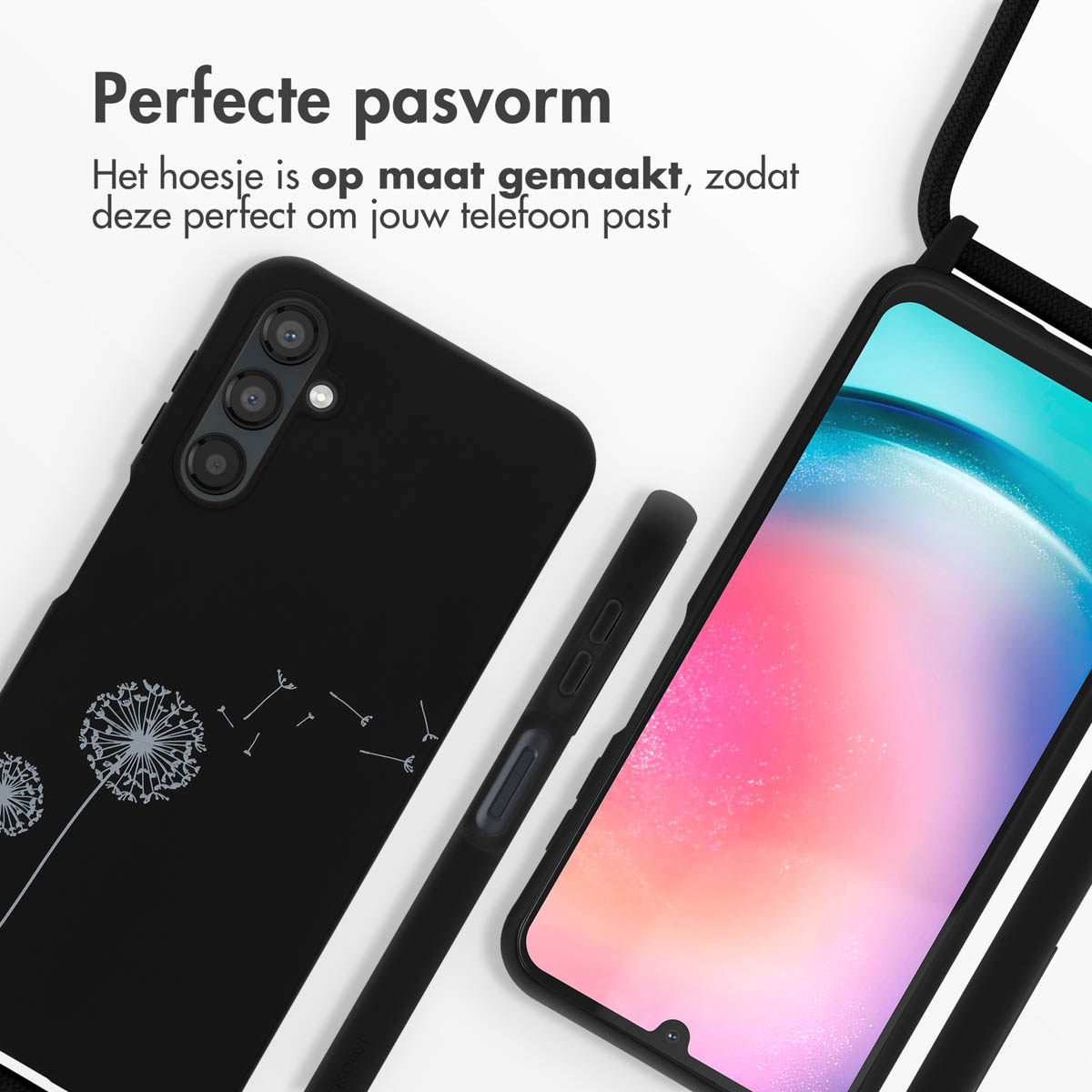 Coque de téléphone noire avec motif pissenlit à côté d'un smartphone à écran coloré.