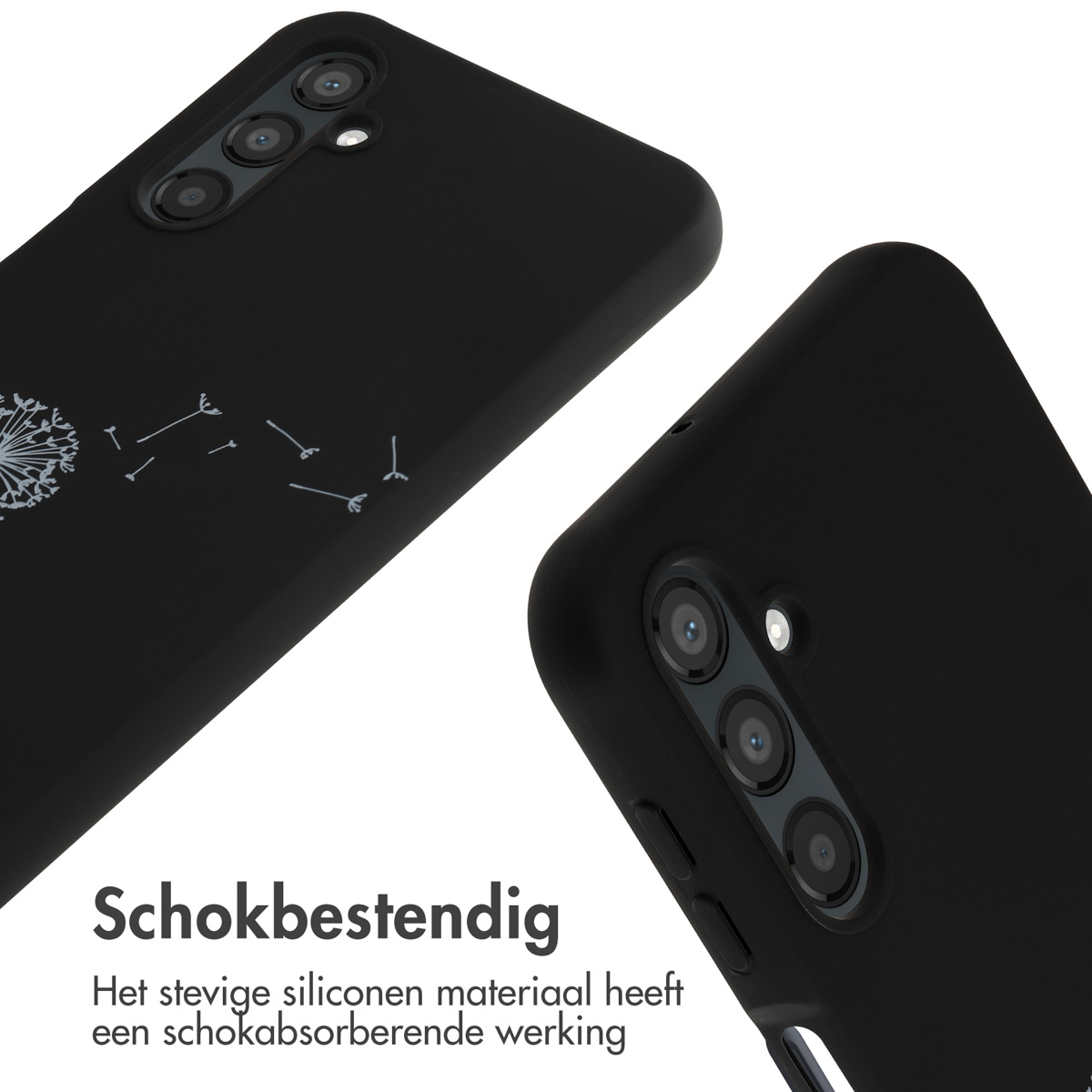 Coque de téléphone noire avec imprimé pissenlit et trois caméras arrière.