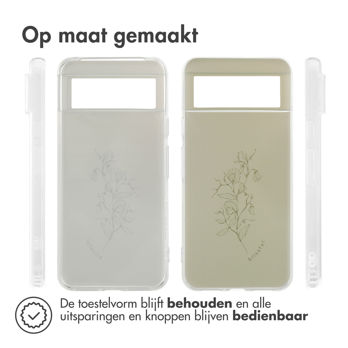 Zwei Handyhüllen mit Blumendesign. Text: Maßgefertigt.