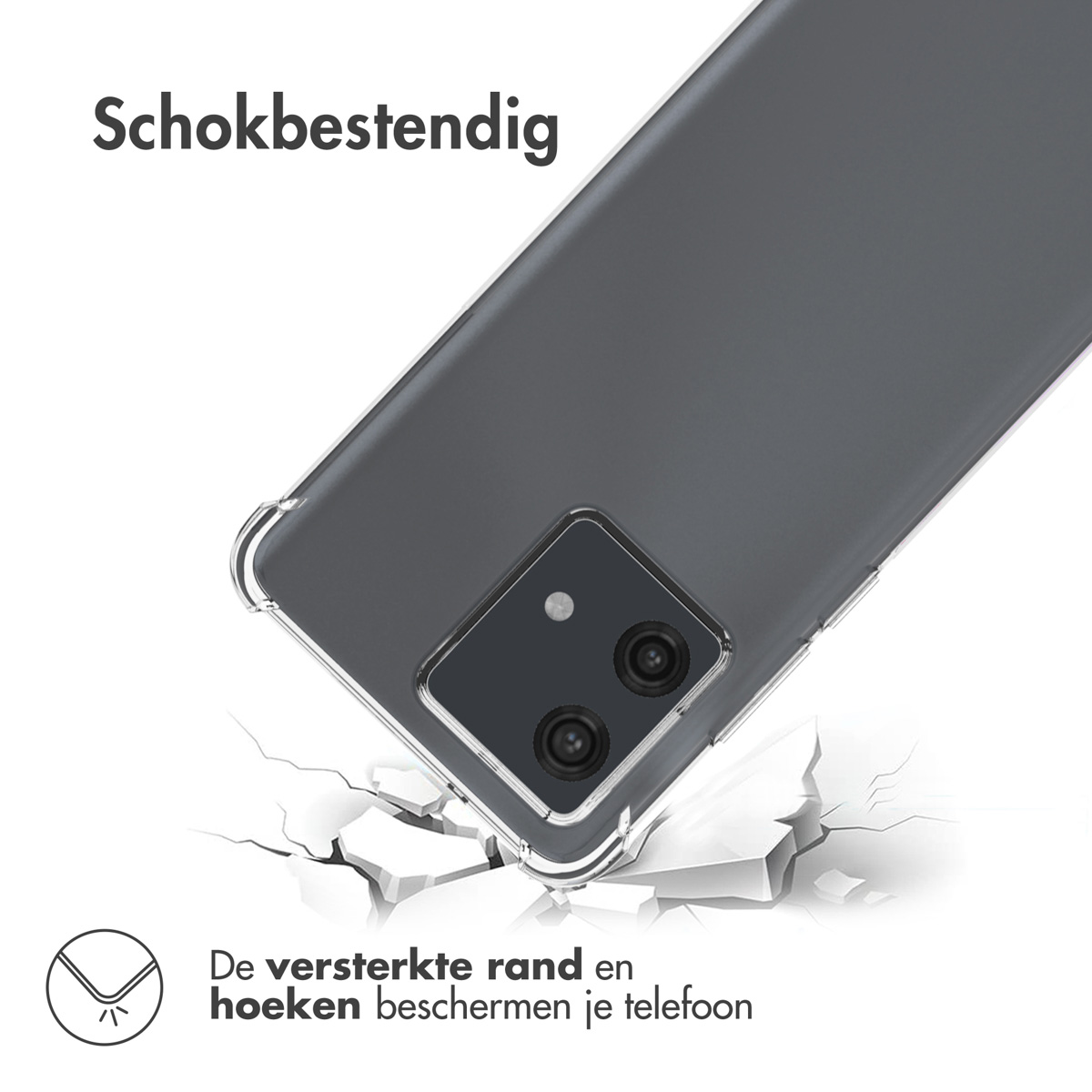 Transparante telefoonhoes met telefoon erin, toont de camera. Tekst: Schokbestendig, beschermt.