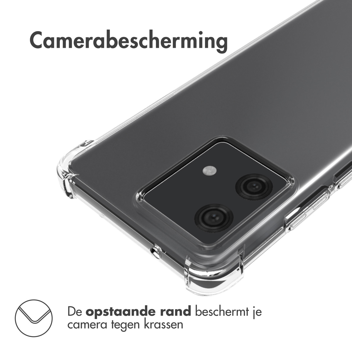 Transparante telefoonhoes met een opstaande rand. De hoes zit op een telefoon, zicht op de camera.