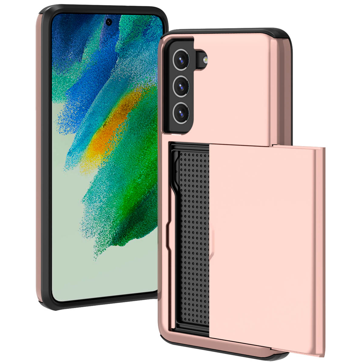 Roze telefoonhoes met een open kaartsleuf. Het scherm van de telefoon staat aan.