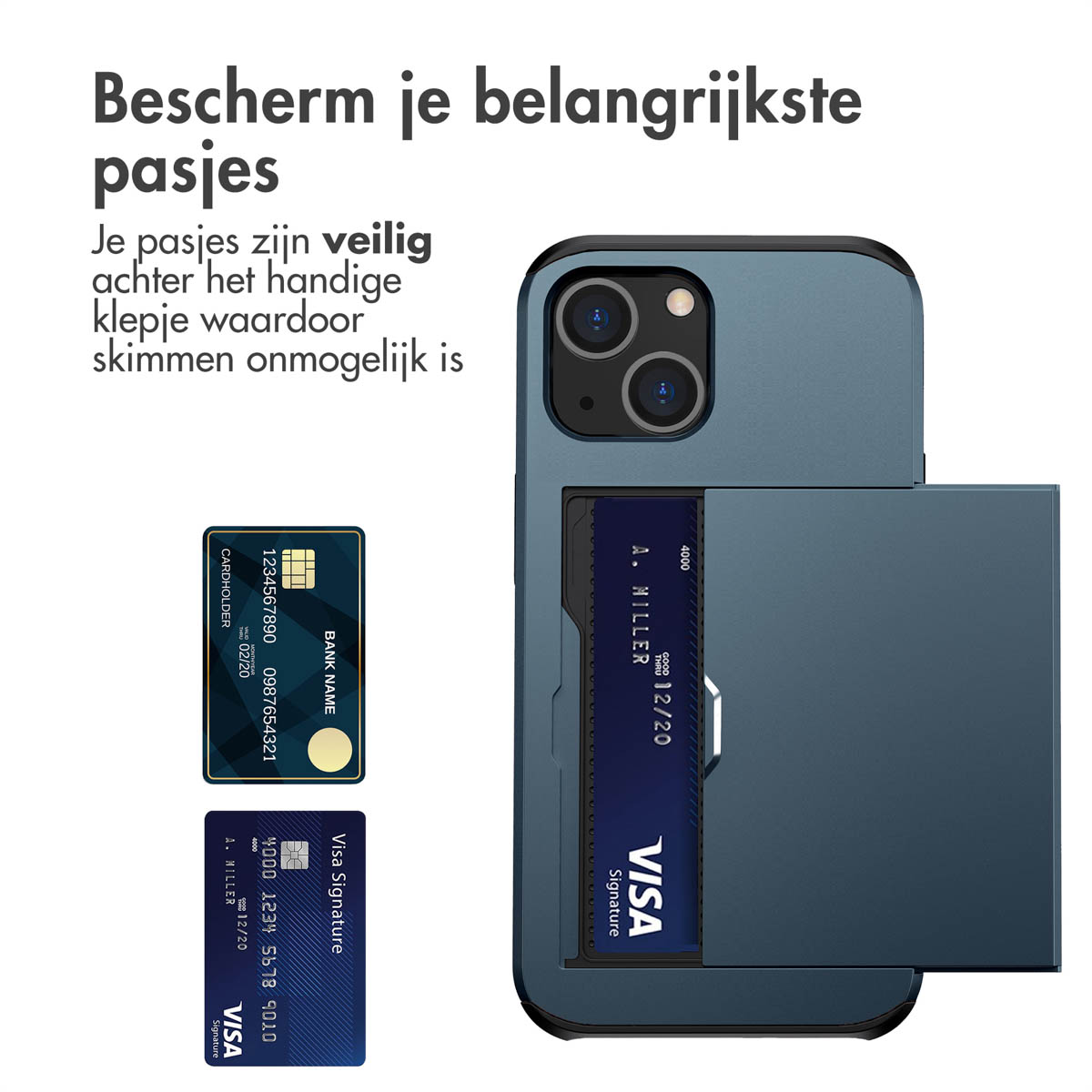 Blauwe telefoonhoes met kaartsleuven. Twee kaarten zijn zichtbaar, met tekst.