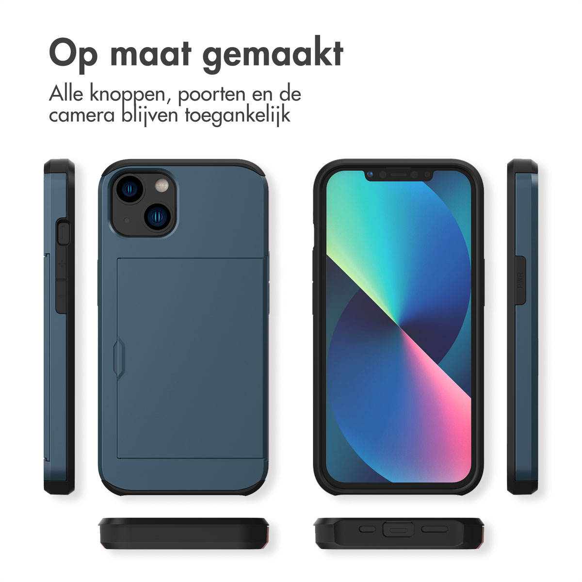 Een blauwe telefoonhoes met kaarthouder en een smartphone met kleurrijke achtergrond.