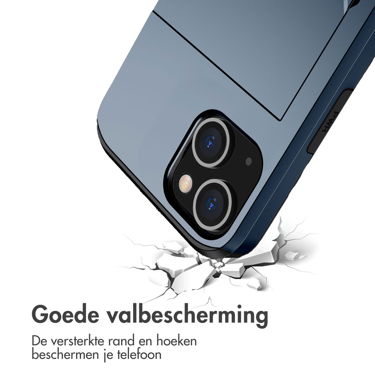 Grijze telefoonhoes met camerasysteem breekt door witte vloer.