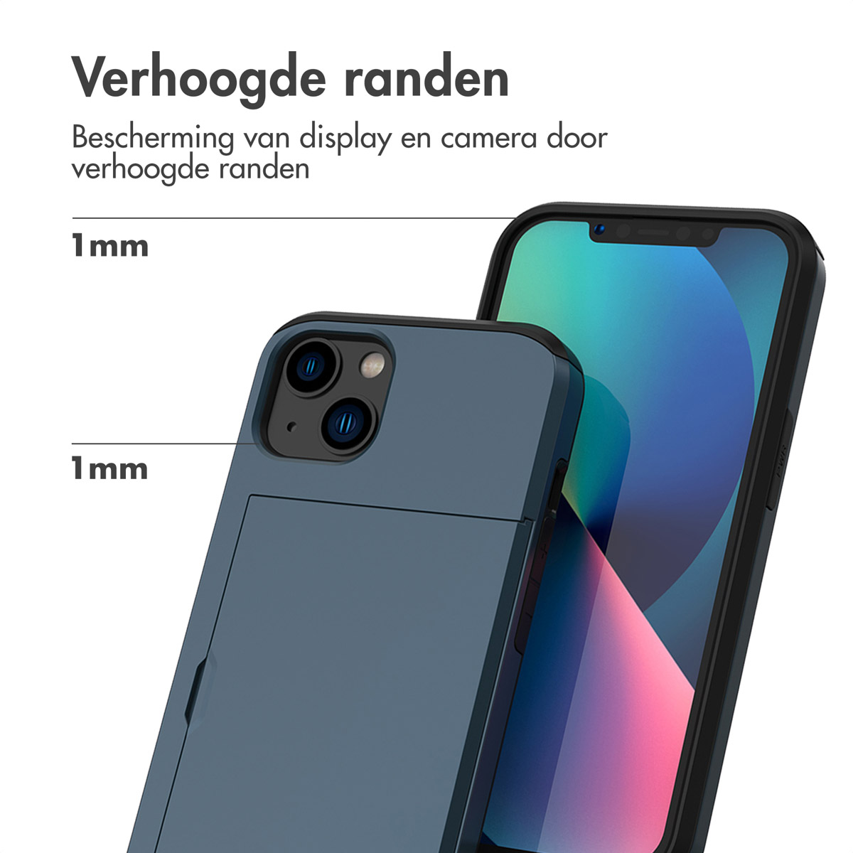 Een blauwe telefoon met hoes die een 1 mm verhoogde rand toont.