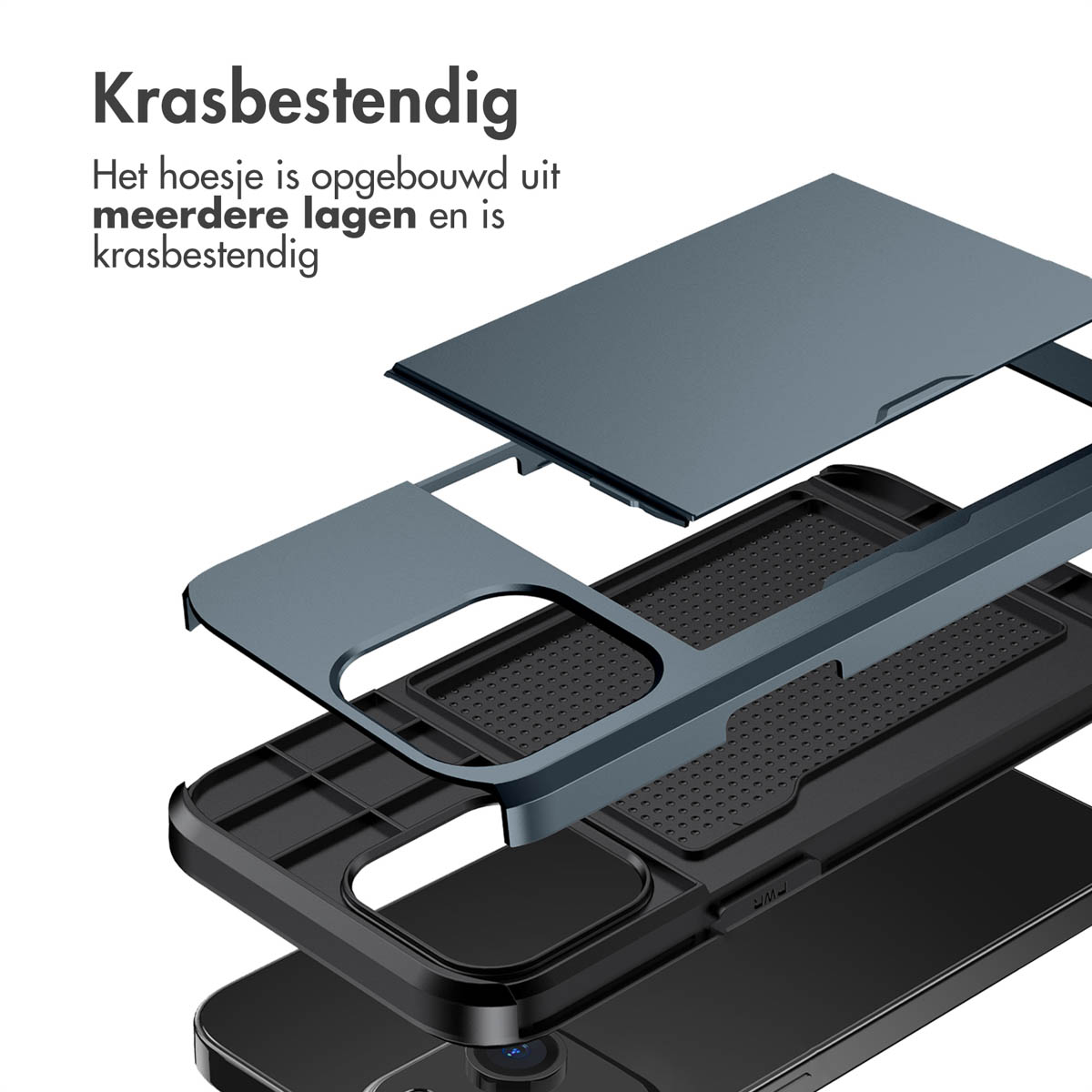 Exploded view van een meerlaagse, krasbestendige telefoonhoes in grijs en zwart.