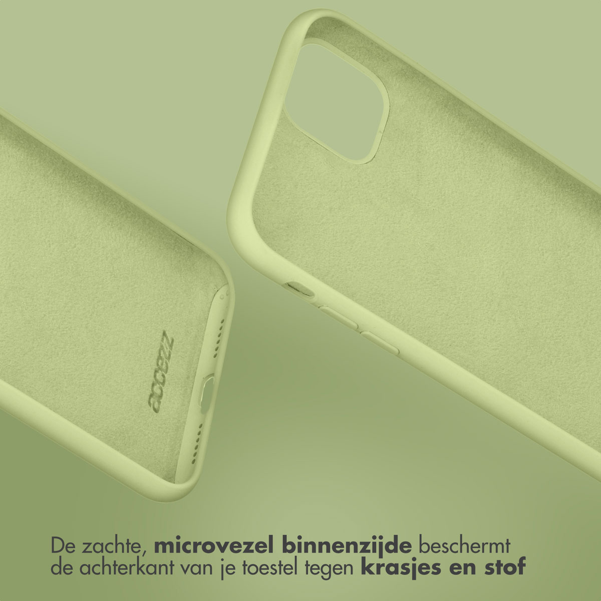 Twee telefoonhoesjes, lichtgroen. Tekst: De zachte microvezel binnenkant beschermt tegen krassen.
