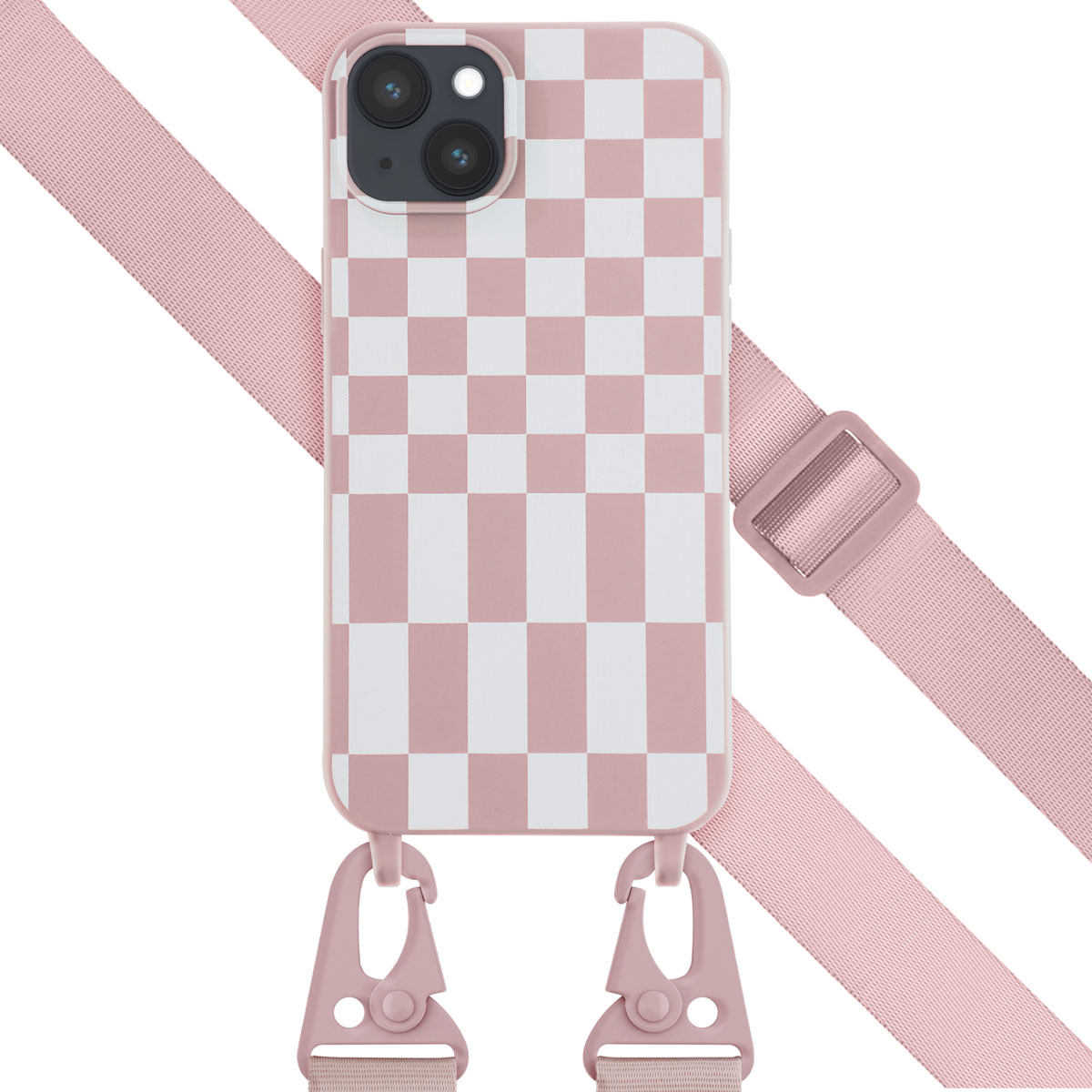 Coque de téléphone à carreaux rose et blanc avec une sangle rose. La coque est blanche et rose.