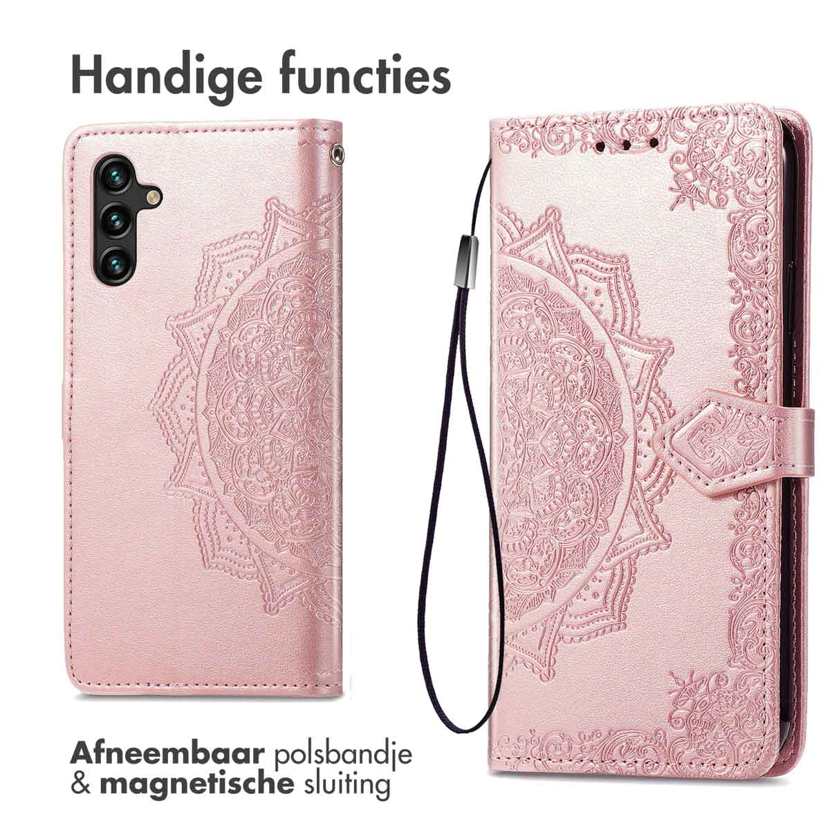 Een roze telefoonhoes met reliëf mandala-ontwerp en afneembare band.