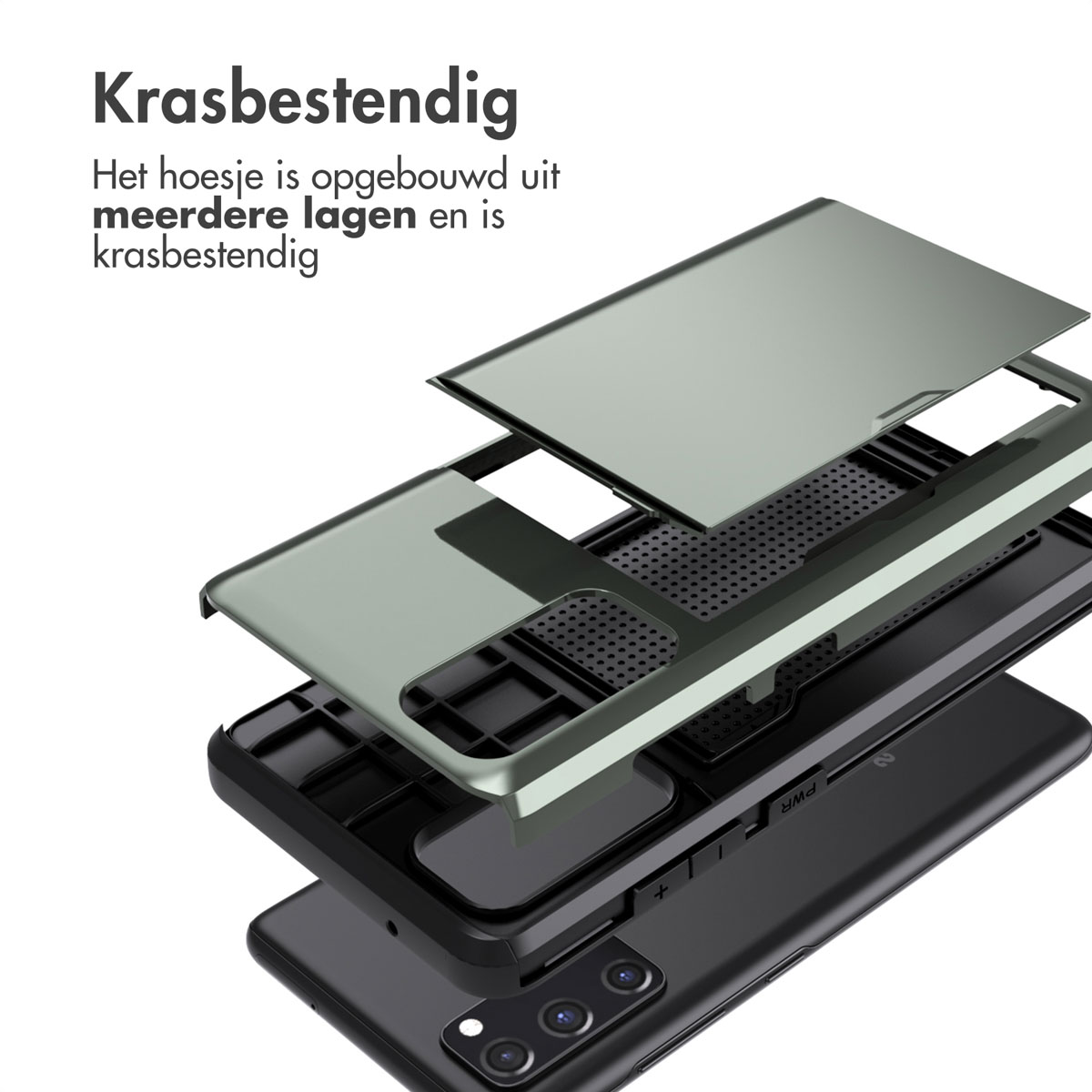 Telefoonhoes gedemonteerd met lagen. Groen deksel, transparante hoes en telefoon. Krasbestendig.