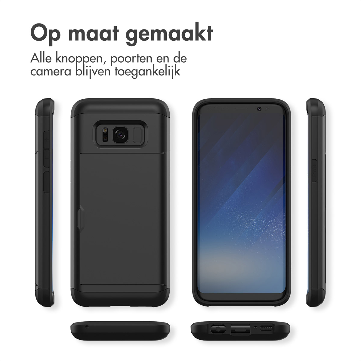 Coque de téléphone noire vue de face, dos, côté et dessous.