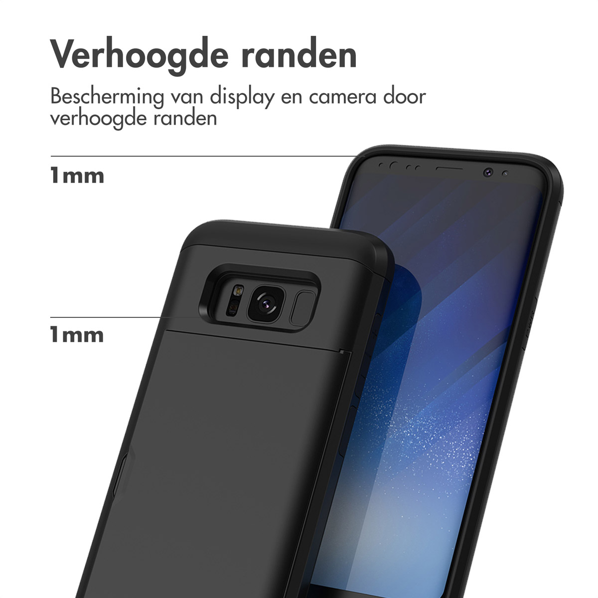 Téléphone noir avec étui, bords surélevés de 1 mm pour écran et appareil photo.