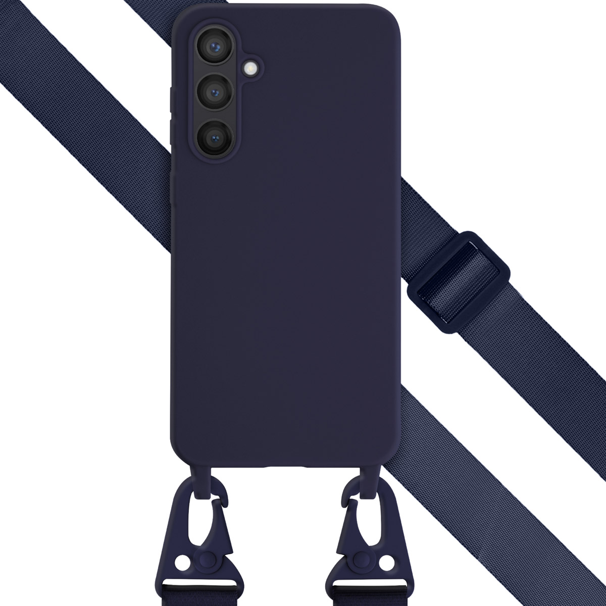 Un téléphone bleu marine dans un étui avec une sangle. Le téléphone est tenu par une lanière et se trouve sur un fond blanc.